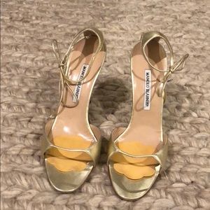 Manolo Blahnik Gold Ankle Tie Heels